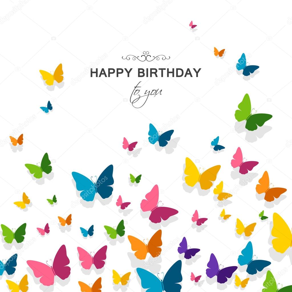 Illustrazione vettoriale di un biglietto di auguri di buon pleanno con le farfalle di carta colorata — Vettoriali di ramonakaulitzki