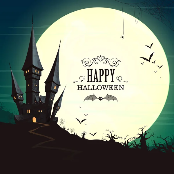 Cartaz de Halloween vetorial com um castelo assombrado assustador —  Vetores de Stock