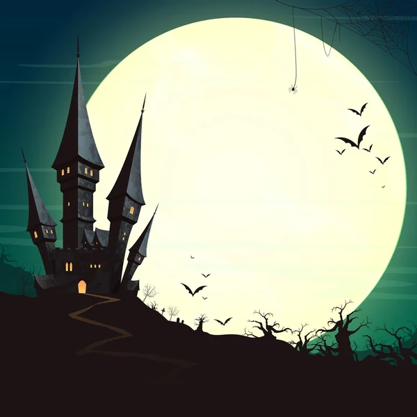 Cartaz de Halloween vetorial com um castelo assombrado assustador — Vetor de Stock