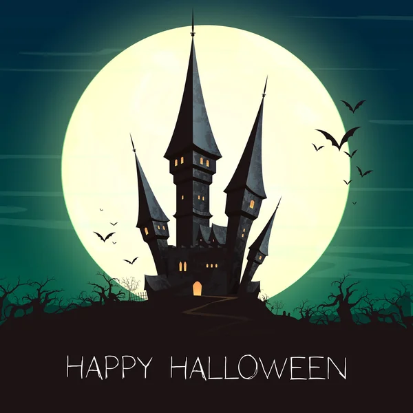 Cartaz de Halloween vetorial com um castelo assombrado assustador — Vetor de Stock