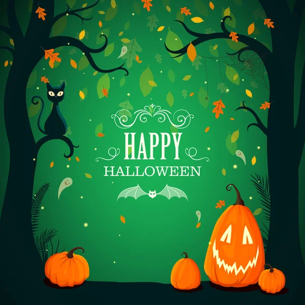 Vektorhalloween-Poster mit Bäumen, Herbstblättern und lustigen Kürbissen — Stockvektor