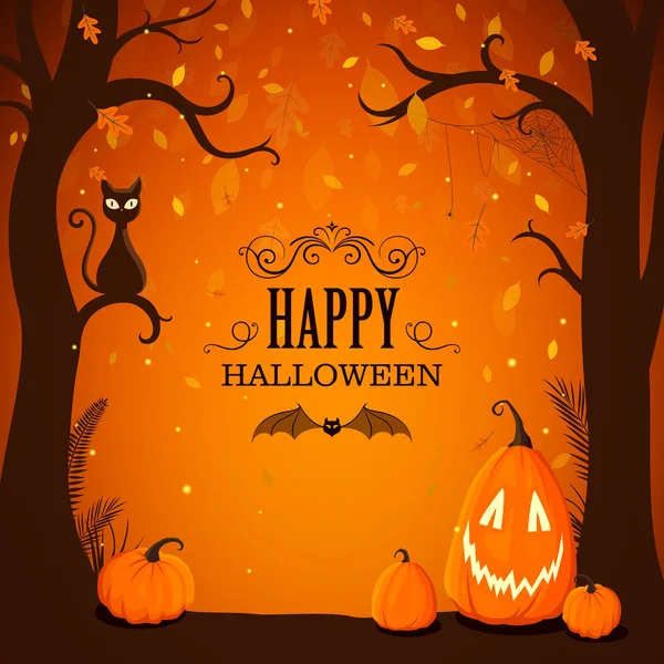 Vector Halloween affisch med träd, höstlöv och roliga pumpor — Stock vektor