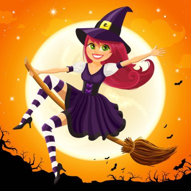 Bir süpürge üzerinde uçan vektör Halloween cadı