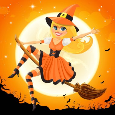 Bir süpürge üzerinde uçan vektör Halloween cadı
