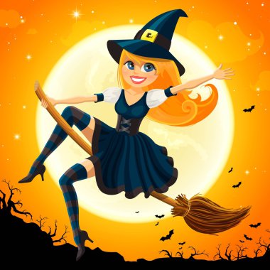 Bir süpürge üzerinde uçan vektör Halloween cadı