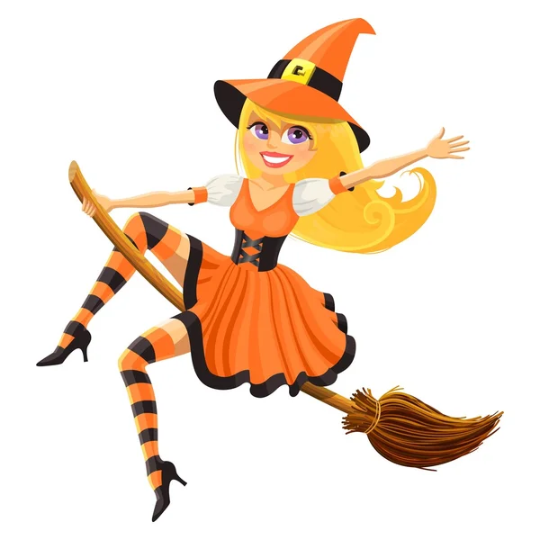 Vector Halloween Witch Flying on a Broomstick — Stock Vector