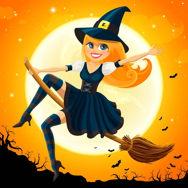 Векторная ведьма на Хэллоуин летит на метле — стоковый вектор