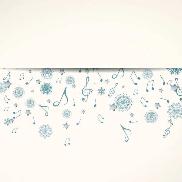 Fondo de música navideña vectorial con notas musicales y copos de nieve — Vector de stock