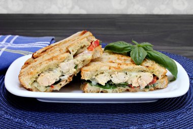 Tavuk, peynir ve pesto panini sandviç.