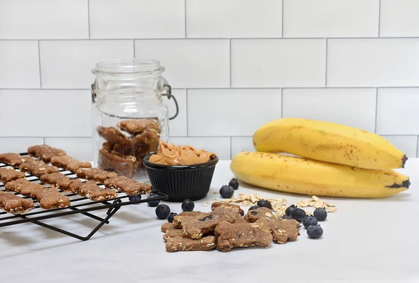 Blueberry Banana Peanut Butter Oat Dog Cookies Table Some Cooling — Stockfoto