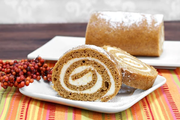 Pumpkin roll cake, selective focus and copy space. — Stock Photo, Image