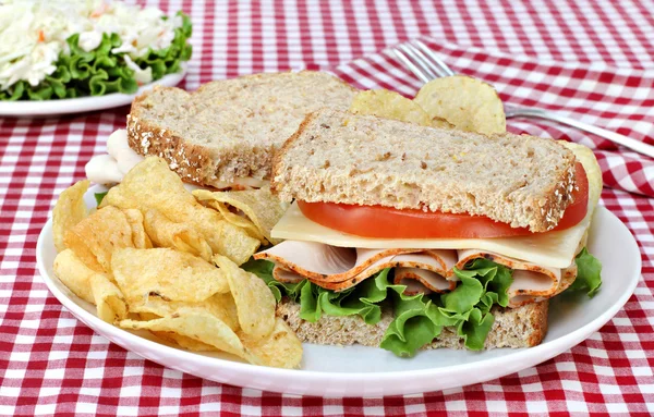 Sanduíche de queijo, alface e peru em pão integral de grãos — Fotografia de Stock