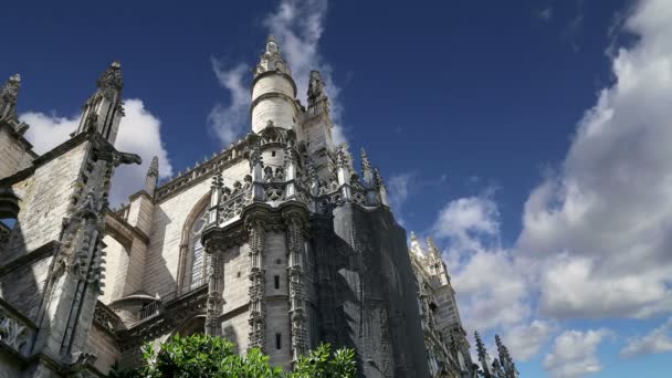 Kathedraal van Sevilla--kathedraal van Saint Mary van de stoel, Andalusie, Spanje--is de op twee na grootste kerk ter wereld en op tijd van voltooiing in de 1500 it was het grootste ter wereld. Begraafplaats van Christoffel Columbus — Stockvideo