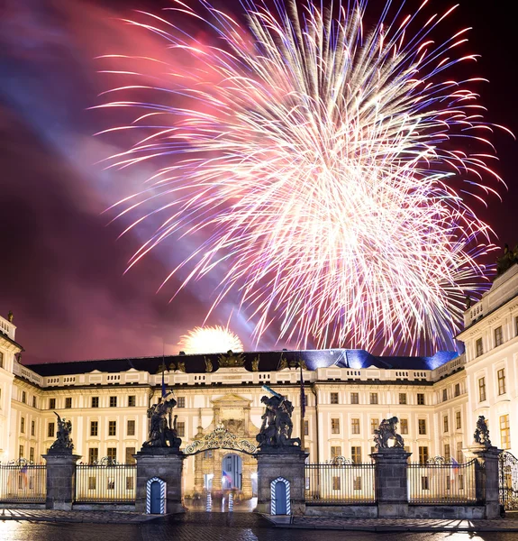 Matthias Gate, at Hradcany Castle Prague at night and holiday fireworks, Czech republic — Stock Photo, Image