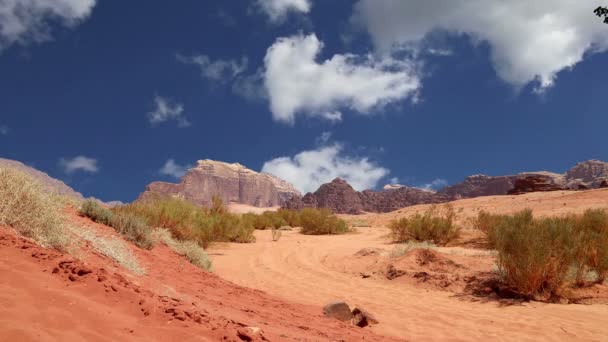 Wadi Rum Desert, Jordan, Middle East-- also known as The Valley of the Moon is a valley cut into the sandstone and granite rock in southern Jordan 60 km to the east of Aqaba — Stock Video