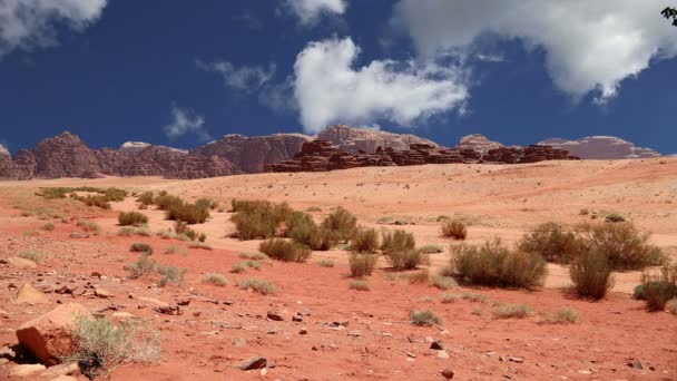 Deserto de Wadi Rum, Jordânia, Oriente Médio também conhecido como O Vale da Lua é um vale cortado na rocha de arenito e granito no sul da Jordânia 60 km a leste de Aqaba — Vídeo de Stock