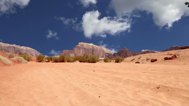 Wadi Rum Çölü, Ürdün, Ortadoğu ya da Ay Vadisi, Ürdün 'ün güneyinde, Akabe' nin 60 km doğusunda yer alan kum taşı ve granit kayalara oyulmuş bir vadidir. — Stok video