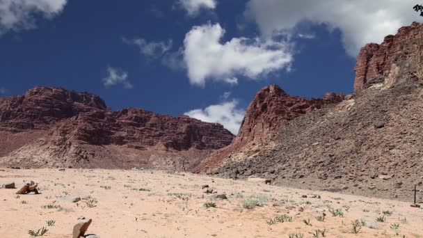 Wadi Rum Desert, Jordánsko, Blízký východ... také známý jako Údolí Měsíce je údolí vytesané do pískovce a žulové skály v jižním Jordánsku 60 km východně od Aqaby — Stock video