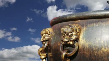 yasak şehir görüntüsü Çince ejderha heykeli ile yangın söndürmek için büyük bronz kase. Beijing, Çin     