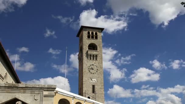 Monumento de la isla de Rodas, Puerto Mandraki, Grecia. El puerto histórico sigue siendo utilizado hoy en día como puerto deportivo por pequeños yates y transbordadores — Vídeo de stock