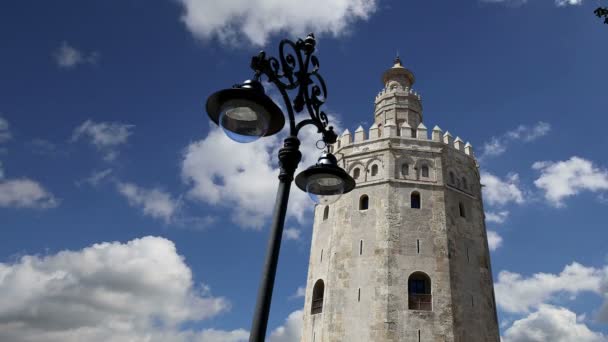 Torre del Oro (siglo XIII), una torre de vigilancia dodecagonal militar árabe medieval en Sevilla, Andalucía, sur de España — Vídeos de Stock