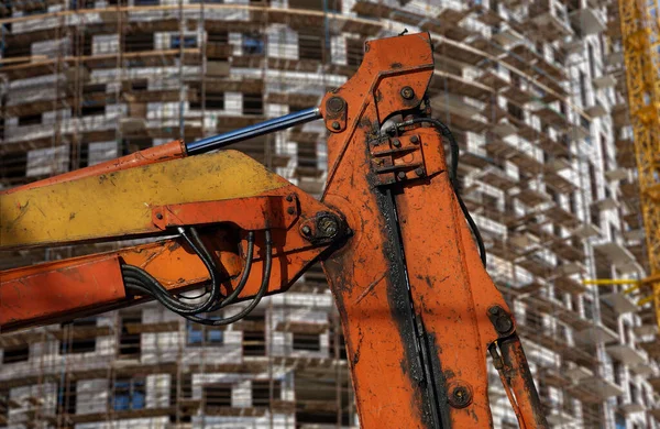 Partie Une Machine Construction Pelle Grue Avec Bâtiment Plusieurs Étages — Photo