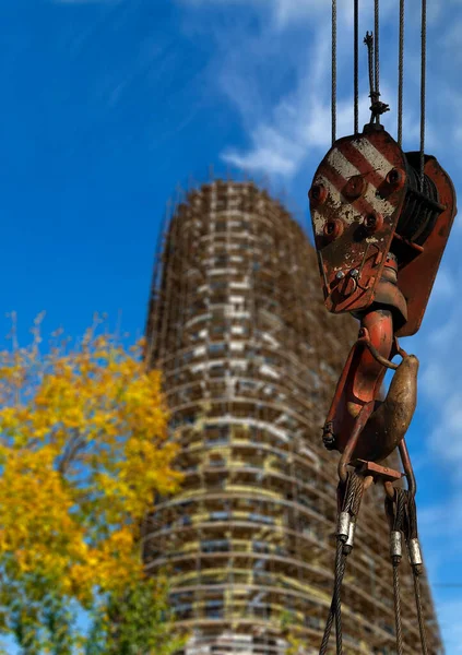 Crochet Grue Construction Avec Bâtiment Plusieurs Étages Construction Avec Échafaudage — Photo