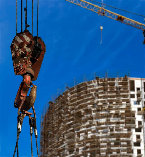 Gancio Gru Costruzione Con Edificio Più Piani Costruzione Con Impalcatura — Foto Stock