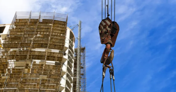 Gancio Gru Costruzione Con Edificio Più Piani Costruzione Con Impalcatura — Foto Stock