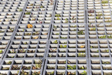 Otoparktaki çim ızgarasının arka planı. Toprak ve bitkilerle dolu çevre dostu metal örgüler. Çevre dostu park için kullanılır.. 