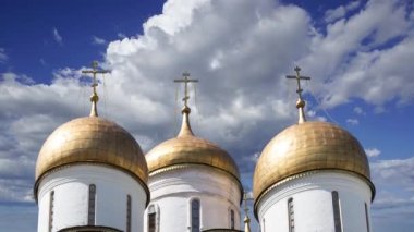 Assumption Cathedral(Cathedral of the Dormition,Uspensky sobor) against the moving clouds. Inside of Moscow Kremlin, Russia (day) 