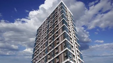 Hareket halindeki bulutlara karşı çok katlı bina (yeni yerleşim kompleksi) inşa ediliyor, Moskova, Rusya 