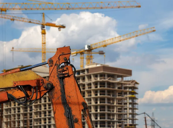 Part of a construction machine (excavator or crane) on the background construction site, industrial image. Moscow, Russia