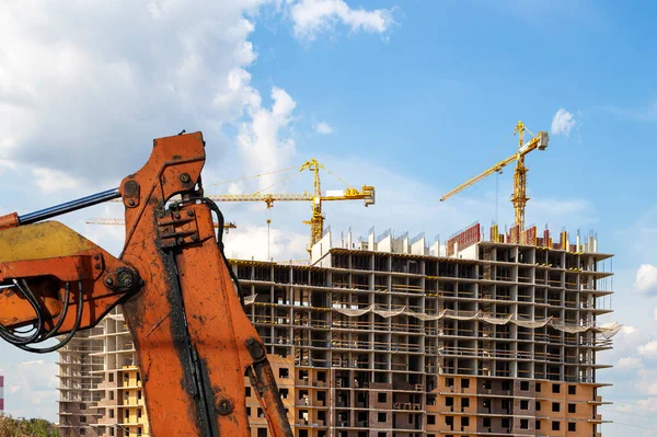 Part of a construction machine (excavator or crane) on the background construction site, industrial image. Moscow, Russia