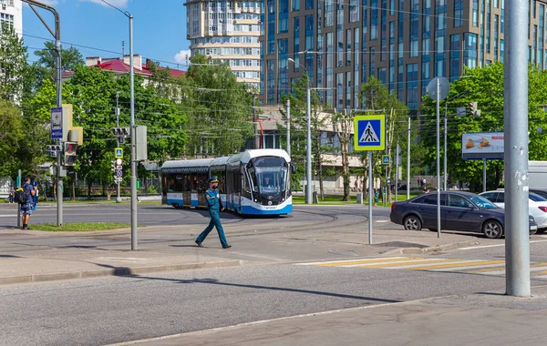 Moscow Russia May 2021 Modern Tram Urban Electric Transport Moscow — Stock Photo, Image