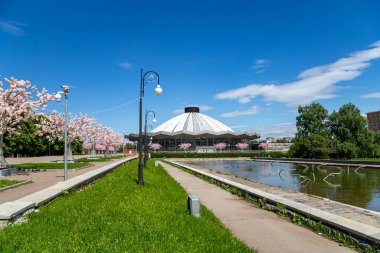 MOSCOW, Rusya- HAZİRAN 05, 2021: Vernadskogo Prospekt Moskova Devlet Sirki 'ne güneşli bir günde çiçek açan bahar ağaçları ile bakın