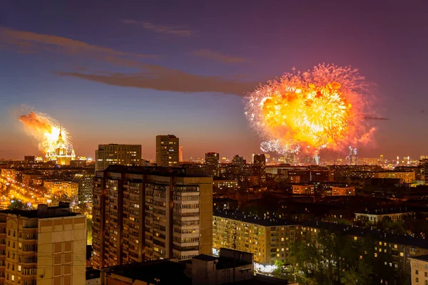 Luchtfoto Van Moskou Nacht Feestelijk Vuurwerk Tijdens Victory Day Woii — Stockfoto