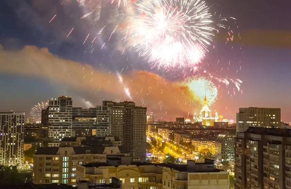 Luchtfoto Van Moskou Nacht Feestelijk Vuurwerk Tijdens Victory Day Woii — Stockfoto