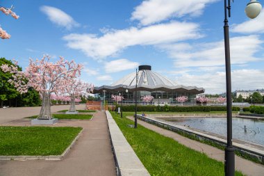 MOSCOW, Rusya- HAZİRAN 05, 2021: Vernadskogo Prospekt Moskova Devlet Sirki 'ne güneşli bir günde çiçek açan bahar ağaçları ile bakın