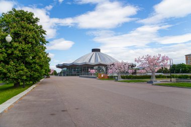 MOSCOW, Rusya- HAZİRAN 05, 2021: Vernadskogo Prospekt Moskova Devlet Sirki 'ne güneşli bir günde çiçek açan bahar ağaçları ile bakın