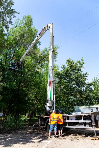 Moscow Russia June 2021 一辆装有液压电梯的汽车 停在一座住宅楼的院子里 修剪干枯的枝条 砍倒受损的树木 城市公用事业的工作 — 图库照片