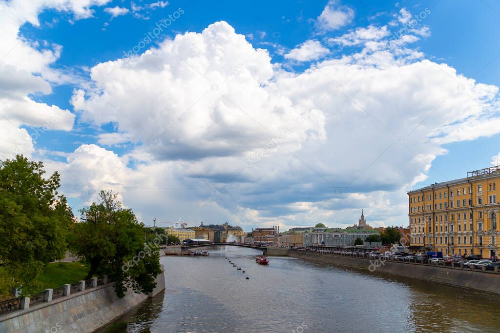 Drainage channel. Bolotnaya Embankment and Kadashevskaya Naberezhnaya (Embankment). Moscow city historic center, popular landmark. Russia  