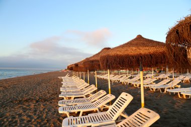 plaj şezlong ve plaj şemsiyesi yalnız kumlu Plajı'nda. Costa del sol (Sun coast), Endülüs, İspanya malaga