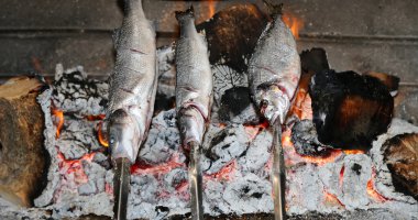 yemek balık ızgara üzerinde sıcak kömürleri şenlik