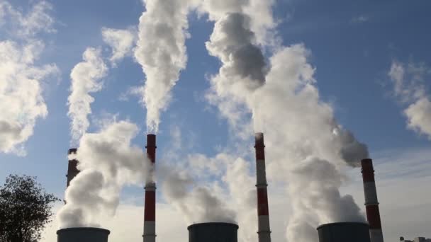 Дымовые трубы на угольной электростанции — стоковое видео