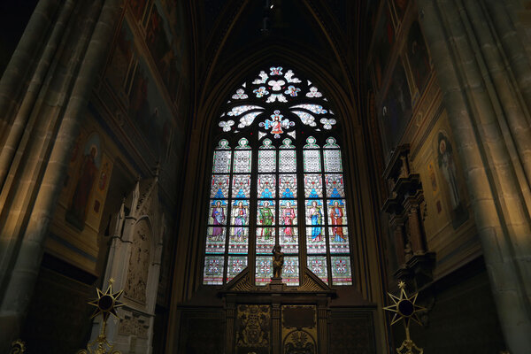 Art Nouveau painter Alfons Mucha Stained Glass window in St. Vitus Cathedral, Prague, Czech Republic