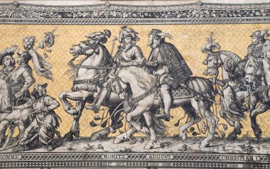 Furstenzug (Prens alayı, 1871-1876, 102 metre, 93 kişi) dev bir duvar resmi duvar süsler var. Dresden, Almanya