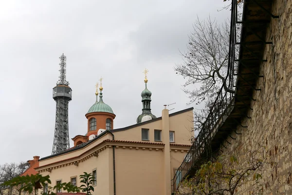 Lookout tower and church of St.Lawrence on the Petrin Hill in Prague , Czech Republic — Stock Photo, Image