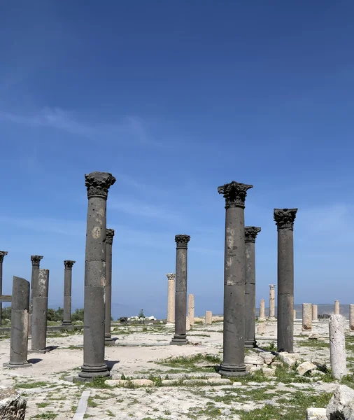 Romerska korintiska kolonner i Umm Qais (Umm Qays)--är en stad i norra Jordan nära platsen för den antika staden Gadara. Umm är Qais en av Jordans mest unika Greco romerska Decapolis platser — Stockfoto