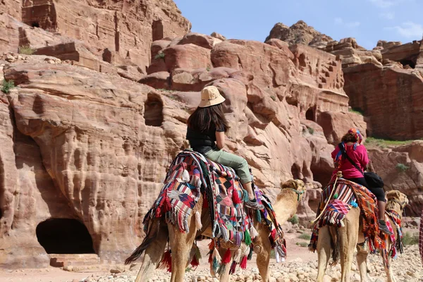 Туристів, які відвідують стародавніх руїн Петра на верблюдах, Jordan — стокове фото